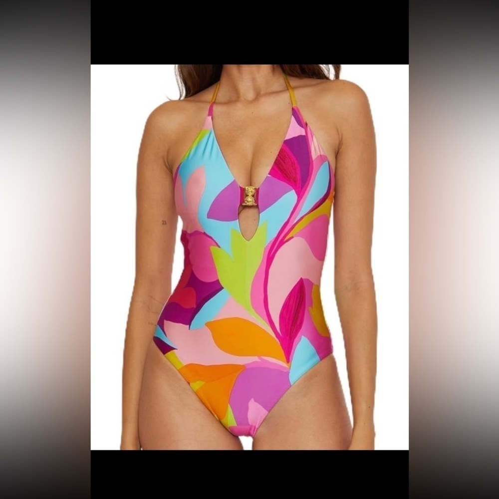 Trina Turk Womens Standard Lilleth One Piece Swimsuit Plunge Neck Floral size 10